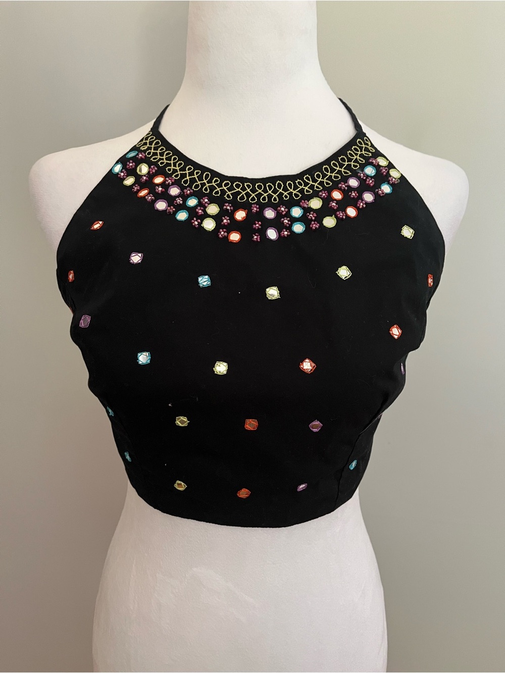 Y2K Arizona Jean Co Halter Crop Top Beaded Mirrored Boho Festival Hippie OS
